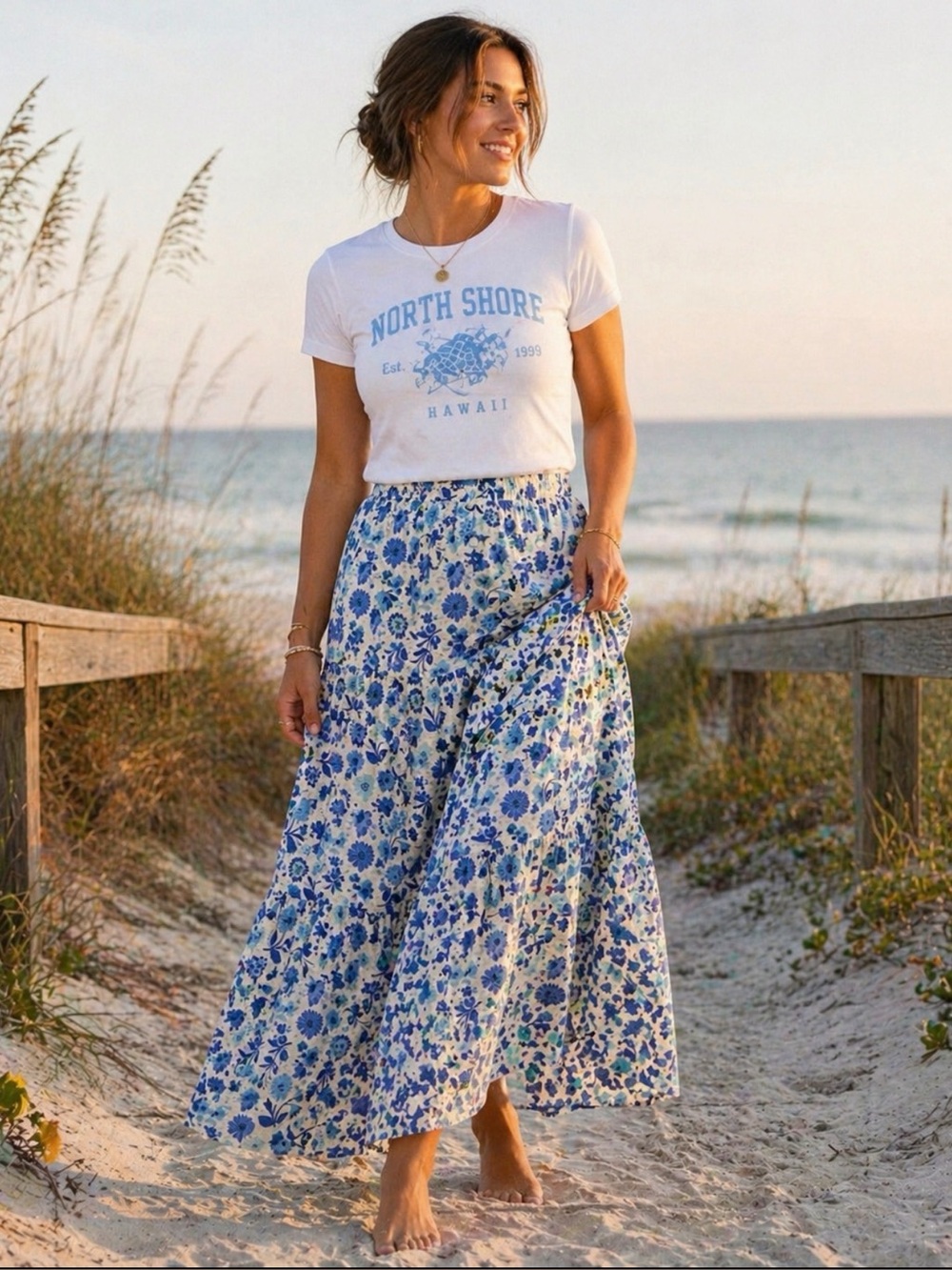 Les Amis Blue White Floral Tiered Maxi Skirt Boho Coastal Summer ~ Size L ~ NWOT
